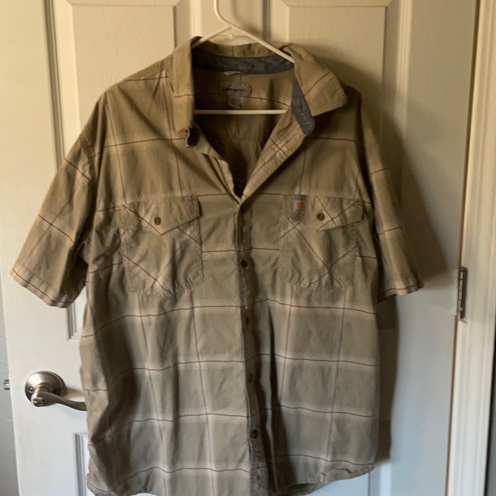 Carhart button up short sleeved, brown/tan/white plaid